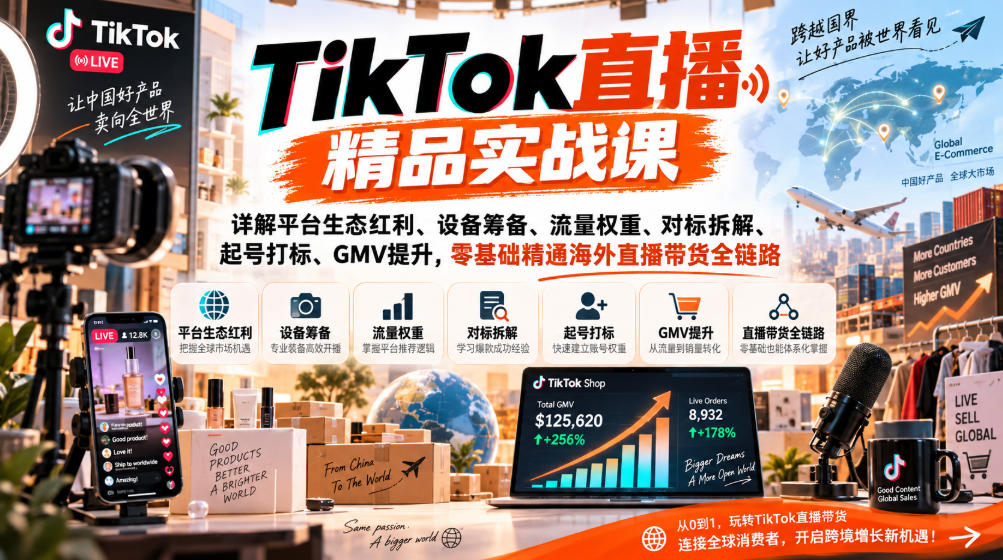 TikTok直播精品实战课，详解平台生态红利、设备筹备、流量权重、对标拆解、起号打标、GMV提升，零基础精通海外直播带货全链路-洛柒笔记