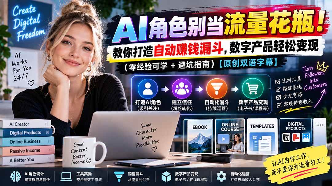 （20475期）AI角色别当流量花瓶！教你打造自动赚钱漏斗，数字产品轻松变现（零经验可学+避坑指南）【原创双语字幕】-洛柒笔记