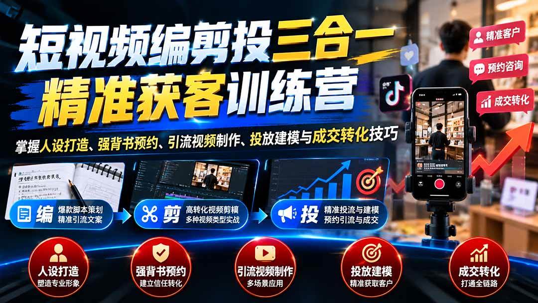 （20910期）短视频编剪投三合一精准获客训练营：掌握人设打造、强背书预约、引流视频制作、投放建模与成交转化技巧-洛柒笔记