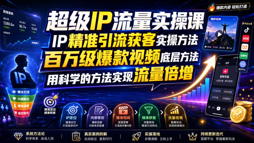 超级IP流量实操课，IP精准引流获客实操方法，百万级爆款视频底层方法，用科学的方法实现流量倍增-洛柒笔记