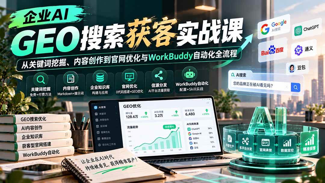 （20643期）企业AI GEO搜索获客实战课：从关键词挖掘、内容创作到官网优化与WorkBuddy自动化全流程-洛柒笔记