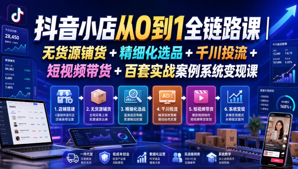 抖音小店从0到1全链路课｜无货源铺货+精细化选品+千川投流+短视频带货+百套实战案例系统变现课（2026年7月更新）-洛柒笔记