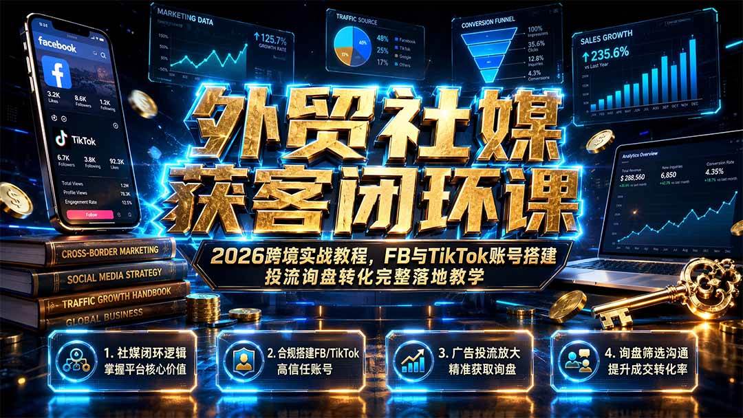 （19611期）外贸社媒获客闭环课｜2026跨境实战教程，FB与TikTok账号搭建投流询盘转化完整落地教学-洛柒笔记