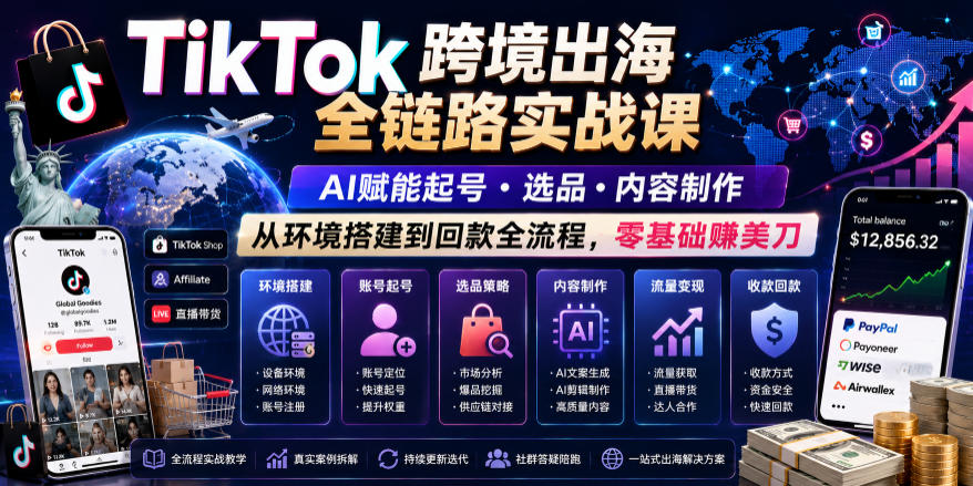TikTok跨境出海全链路实战课，AI赋能起号・选品・内容制作，从环境搭建到回款全流程，零基础賺美刀-洛柒笔记