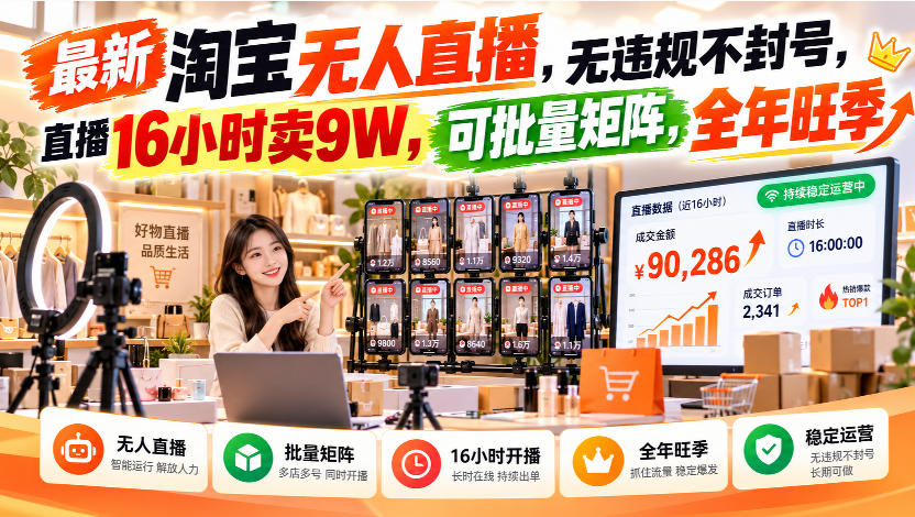 最新淘宝无人直播，无违规不封号，直播16小时卖9W，可批量矩阵，全年旺季【揭秘】-洛柒笔记