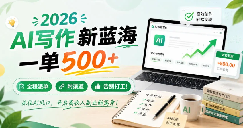 2026 AI写作新蓝海，一单500+，全程派单，附渠道，告别打工！-洛柒笔记