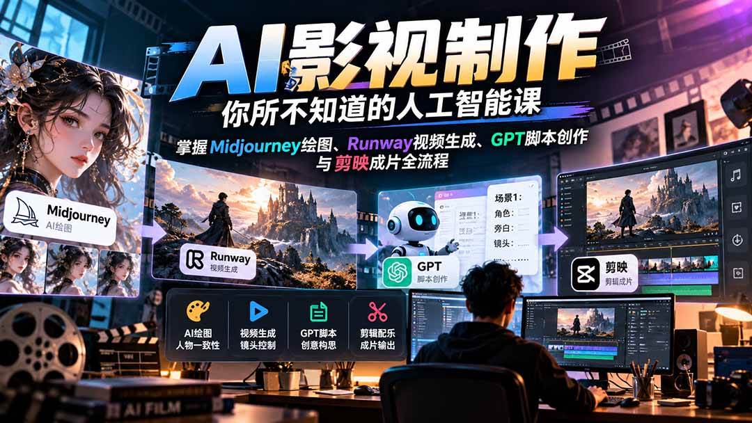 （20681期）AI影视制作-你所不知道的人工智能课，掌握Midjourney绘图、Runway视频生成、GPT脚本创作与剪映成片全流程-洛柒笔记