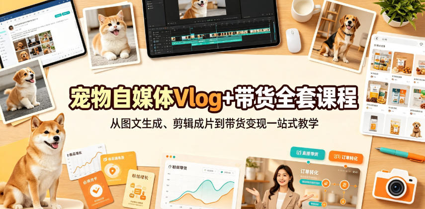 宠物自媒体Vlog+带货全套课程｜从图文生成、剪辑成片到带货变现一站式教学-洛柒笔记