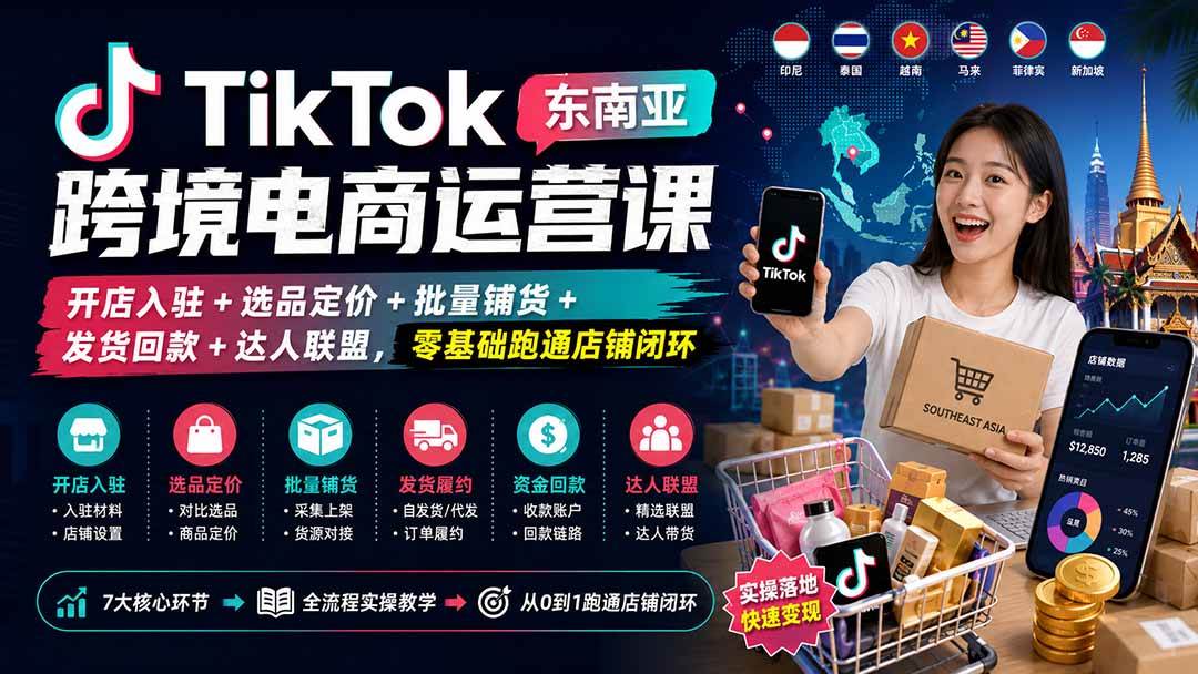 （20059期）TikTok东南亚跨境电商运营课：开店入驻+选品定价+批量铺货+发货回款+达人联盟，零基础跑通店铺闭环-洛柒笔记