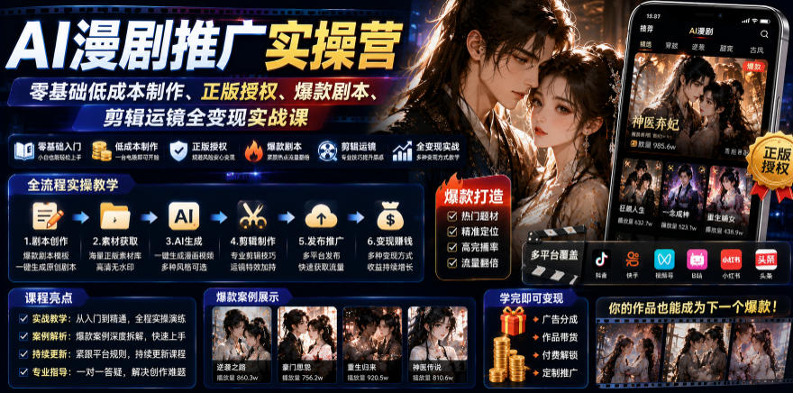 AI漫剧推广实操营｜零基础低成本制作、正版授权、爆款剧本、剪辑运镜全变现实战课-洛柒笔记