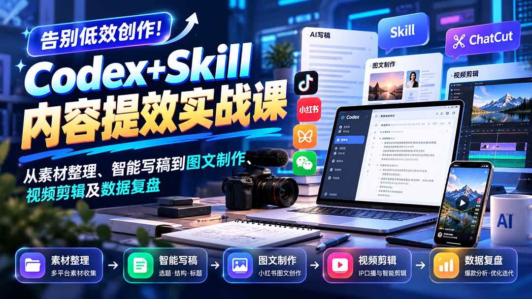 （20915期）【无水印】告别低效创作！Codex+Skill内容提效实战课：从素材整理、智能写稿到图文制作、视频剪辑及数据复盘-洛柒笔记