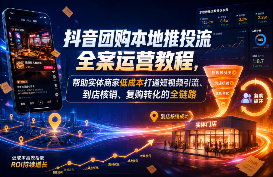 抖音团购本地推投流全案运营教程，帮助实体商家低成本打通短视频引流、到店核销、复购转化的全链路-洛柒笔记