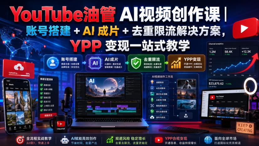 YouTube油管AI视频创作课｜账号搭建+AI成片+去重限流解决方案，YPP变现一站式教学（更新0817）-洛柒笔记