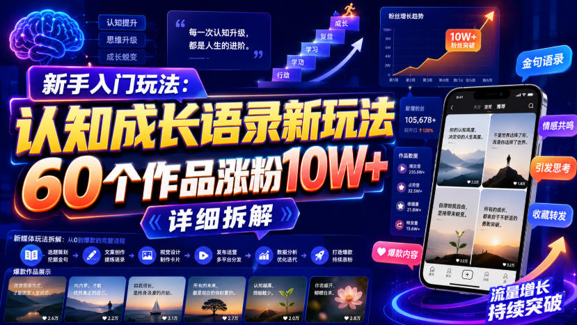 新手入门玩法：认知成长语录新玩法，60个作品涨粉10W+，详细拆解-洛柒笔记