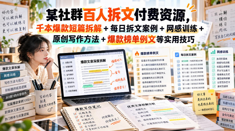 （无水印）某社群百人拆文付费资源，千本爆款短篇拆解+每日拆文案例+网感训练+原创写作方法+爆款榜单例文等实用技巧(更新0926)