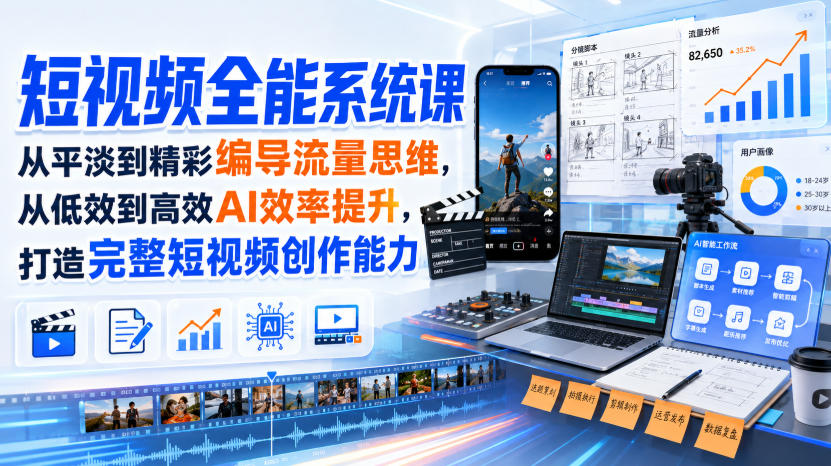短视频全能系统课，从平淡到精彩编导流量思维，从低效到高效AI效率提升，打造完整短视频创作能力（2026年8月30更新233集）-洛柒笔记