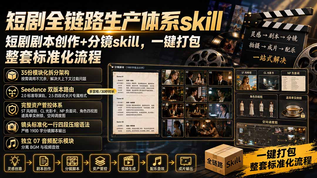 短剧全链路生产体系skill，短剧剧本创作+分镜skill，一键打包，整套标准化流程-洛柒笔记