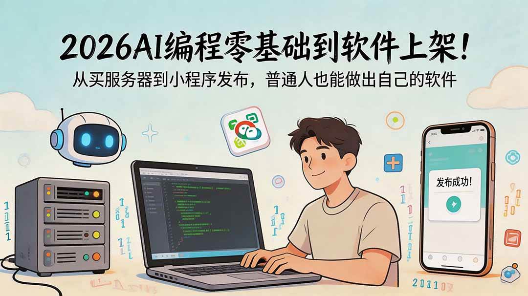 （18905期）2026AI编程零基础到软件上架！从买服务器到小程序发布，普通人也能做出自己的软件