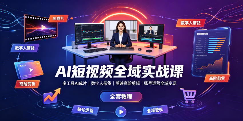 AI短视频全域实战课｜多工具AI成片、数字人带货、剪映高阶剪辑、账号运营全域变现全套教程-洛柒笔记
