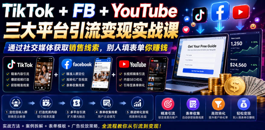 TikTok+FB+YouTube三大平台引流变现实战课，通过社交媒体获取销售线索，别人填表单你賺钱【原创双语字幕】-洛柒笔记
