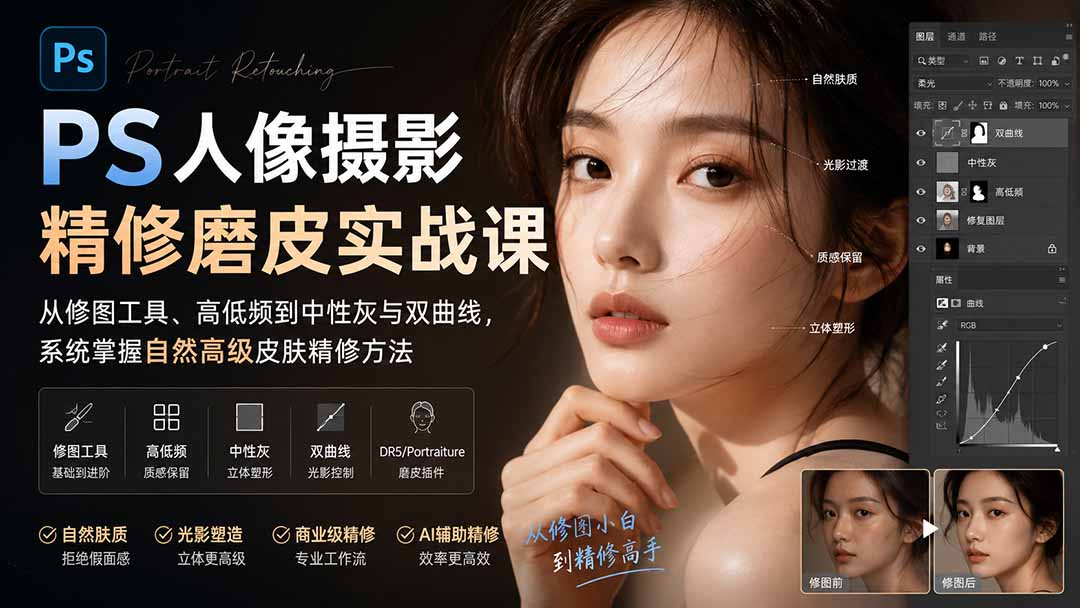 PS人像摄影精修磨皮实战课：从修图工具、高低频到中性灰与双曲线，系统掌握自然高级皮肤精修方法-洛柒笔记