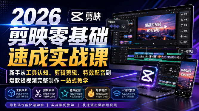 2026剪映零基础速成实战课｜新手从工具认知、剪辑剪辑、特效配音到爆款短视频完整制作一站式教学-洛柒笔记