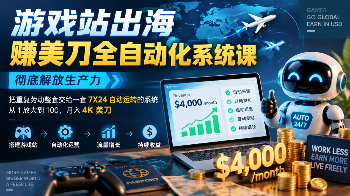 游戏站出海賺美刀全自动化系统课，彻底解放生产力–把重复劳动整套交给一套7X24自动运转的系统，从1放大到100，月入4K美刀 游戏站出海掘金从0到1小白实战课，从选词到上线，从收录到变现，月入3700刀+-洛柒笔记