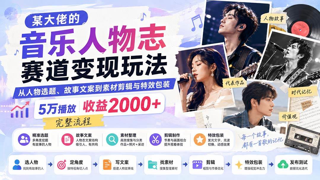 （20121期）某大佬的音乐人物志赛道变现玩法：从人物选题、故事文案到素材剪辑与特效包装，5万播放收益2000+完整流程-洛柒笔记