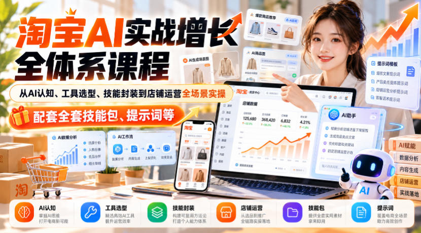 淘宝AI实战增长全体系课程，从AI认知、工具选型、技能封装到店铺运营全场景实操，配套全套技能包、提示词等-洛柒笔记