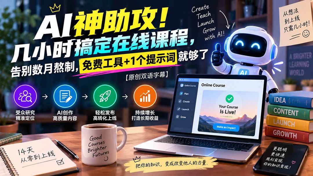 （20528期）AI神助攻！几小时搞定在线课程，告别数月熬制，免费工具+1个提示词就够了【原创双语字幕】-洛柒笔记