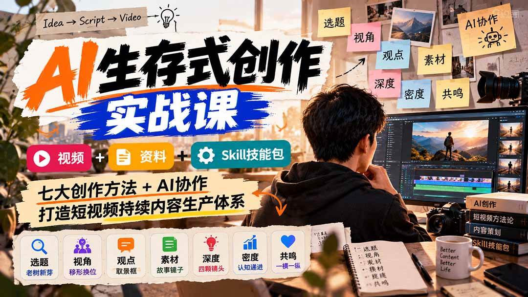 （21081期）AI生存式创作实战课：视频+资料+Skill技能包，七大创作方法+AI协作，打造短视频持续内容生产体系-洛柒笔记