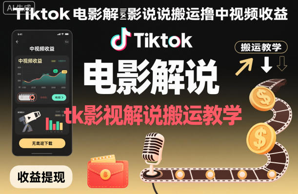 Tiktok电影解说搬运撸中视频收益，tk影视解说搬运教学-洛柒笔记