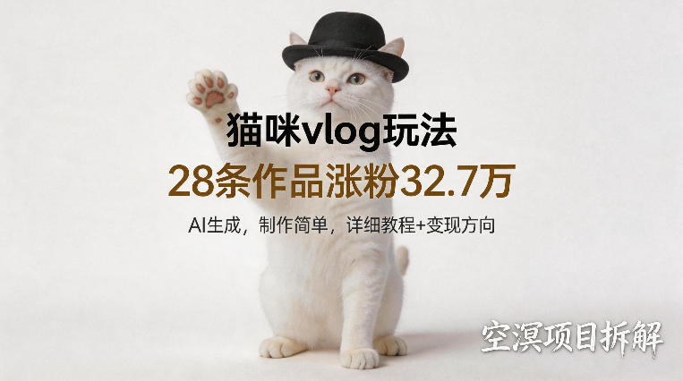 猫咪vlog玩法，28条作品涨粉32.7W，AI生成，制作简单，详细教程+变现方向-洛柒笔记