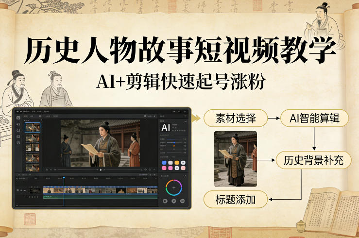 历史人物故事短视频教学，AI+剪辑制作历史人物题材短视频，快速起号涨粉-洛柒笔记
