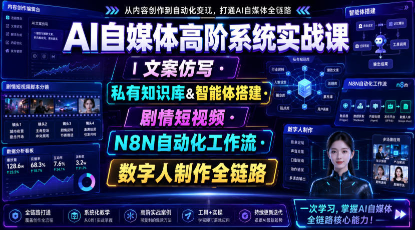 AI自媒体高阶系统实战课｜文案仿写・私有知识库&智能体搭建・剧情短视频・N8N自动化工作流・数字人制作全链路-洛柒笔记