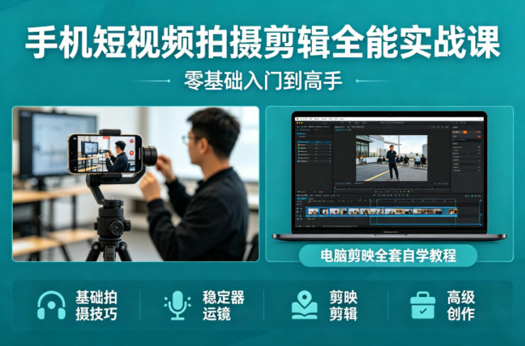 手机短视频拍摄剪辑全能实战课：零基础入门到高手，稳定器运镜+电脑剪映全套自学教程-洛柒笔记