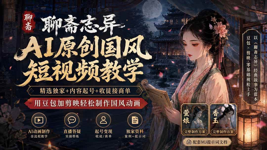 （19754期）聊斋志异AI原创国风短视频教学-更新；精选独家+内容起号+收徒接商单，用豆包加剪映轻松制作国风动画