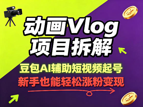动画Vlog项目拆解，豆包AI辅助短视频起号，新手也能轻松涨粉，43条作品涨粉8.3W-洛柒笔记
