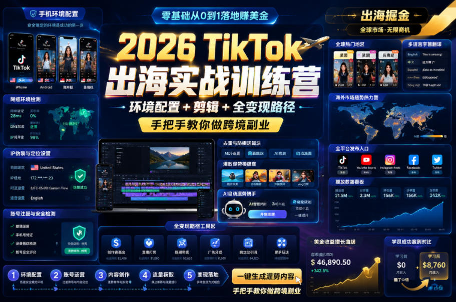 2026 TikTok出海实战训练营，环境配置 + 剪辑 + 全变现路径，手把手教你做跨境副业-洛柒笔记