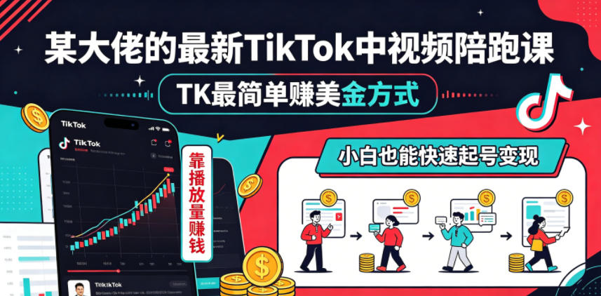 某大佬的最新TikTok中视频陪跑课，TK最简单賺美金方式，靠播放量賺钱，小白也能快速起号变现-洛柒笔记
