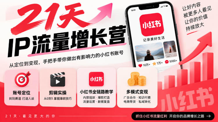 21天IP流量增长营，小红书全链路教学，账号定位剪辑实操，多模式变现系统课-洛柒笔记