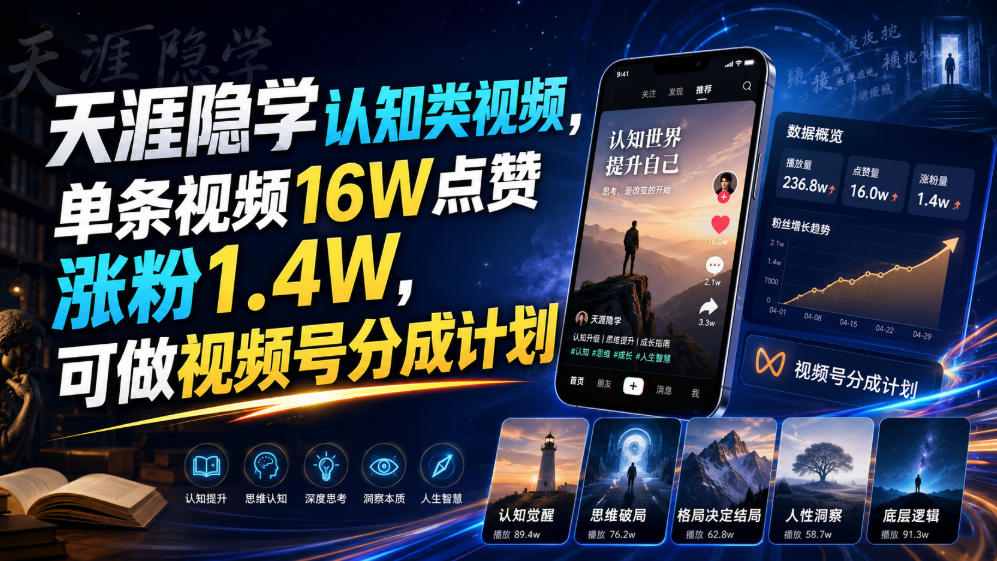 天涯隐学认知类视频，单条视频16W点赞涨粉1.4W，可做视频号分成计划-洛柒笔记