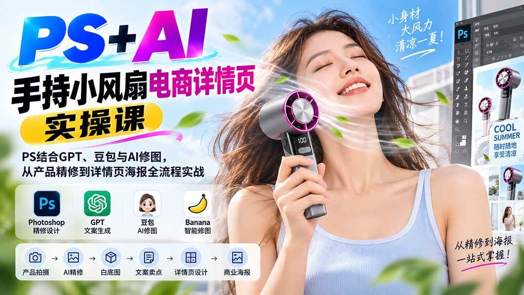 （20273期）PS+AI手持小风扇电商详情页实操课：PS结合GPT、豆包与AI修图，从产品精修到详情页海报全流程实战-洛柒笔记