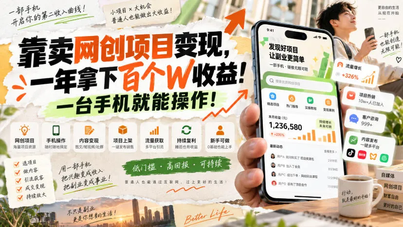 靠卖网创项目变现，一年拿下百个W收益！一台手机就能操作！-洛柒笔记