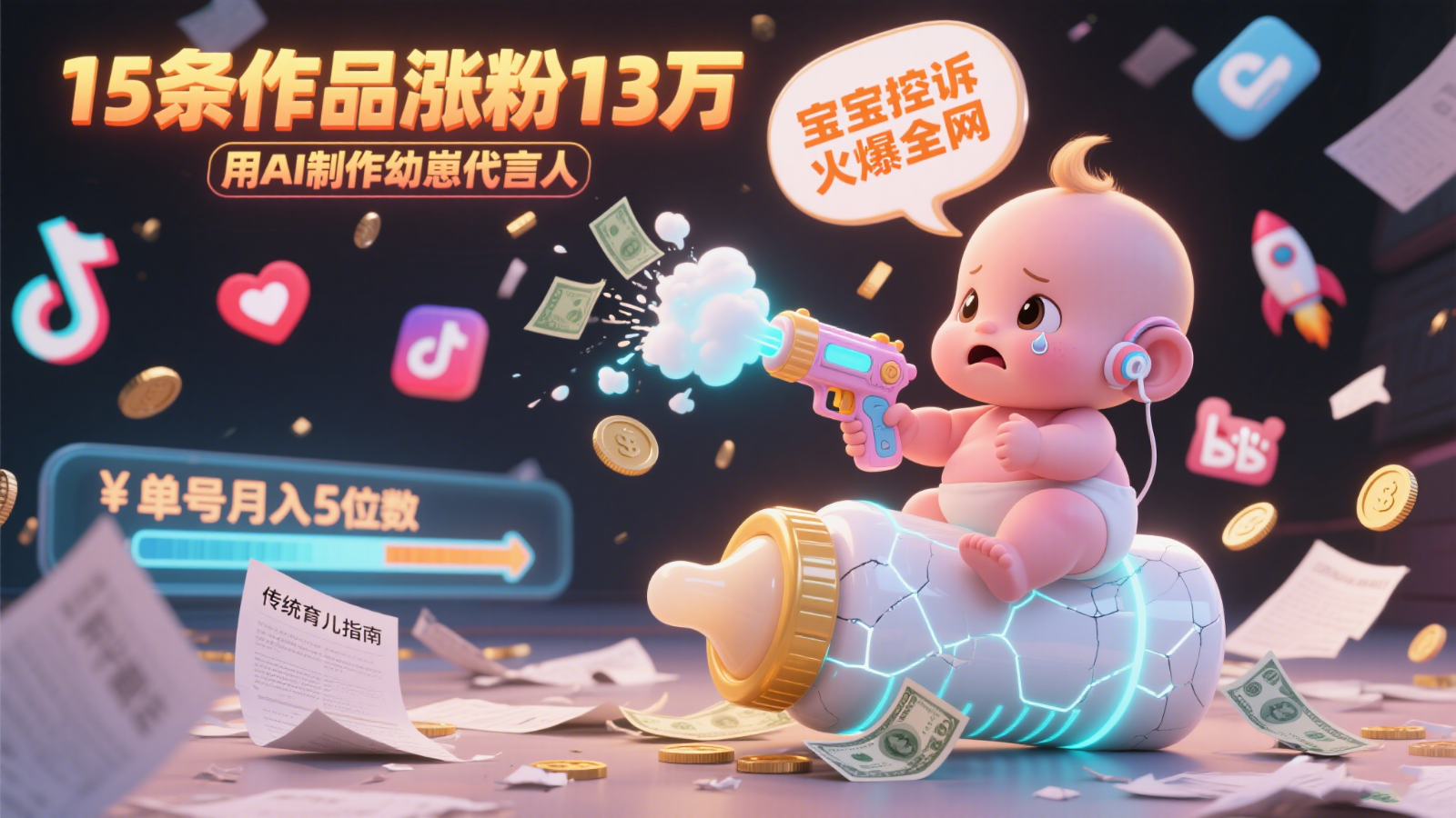 用AI制作幼崽代言人，宝宝的控诉火爆全网，15条作品涨粉13万，单号月入5位数实操教程-洛柒笔记